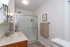 Shower, hair dryer, towels