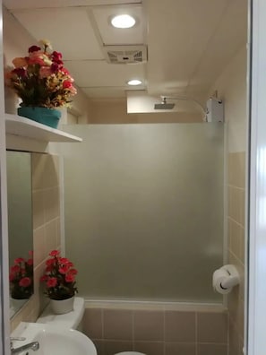 Douche, sèche-cheveux, serviettes fournies, savon