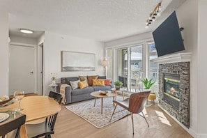 Smart TV, fireplace, books
