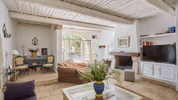 Télévision, cheminée, table de tennis de table