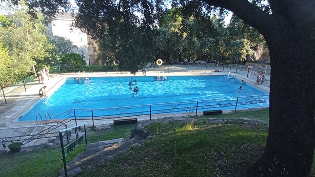 A swimming pool surrounded by trees and a stone wall.