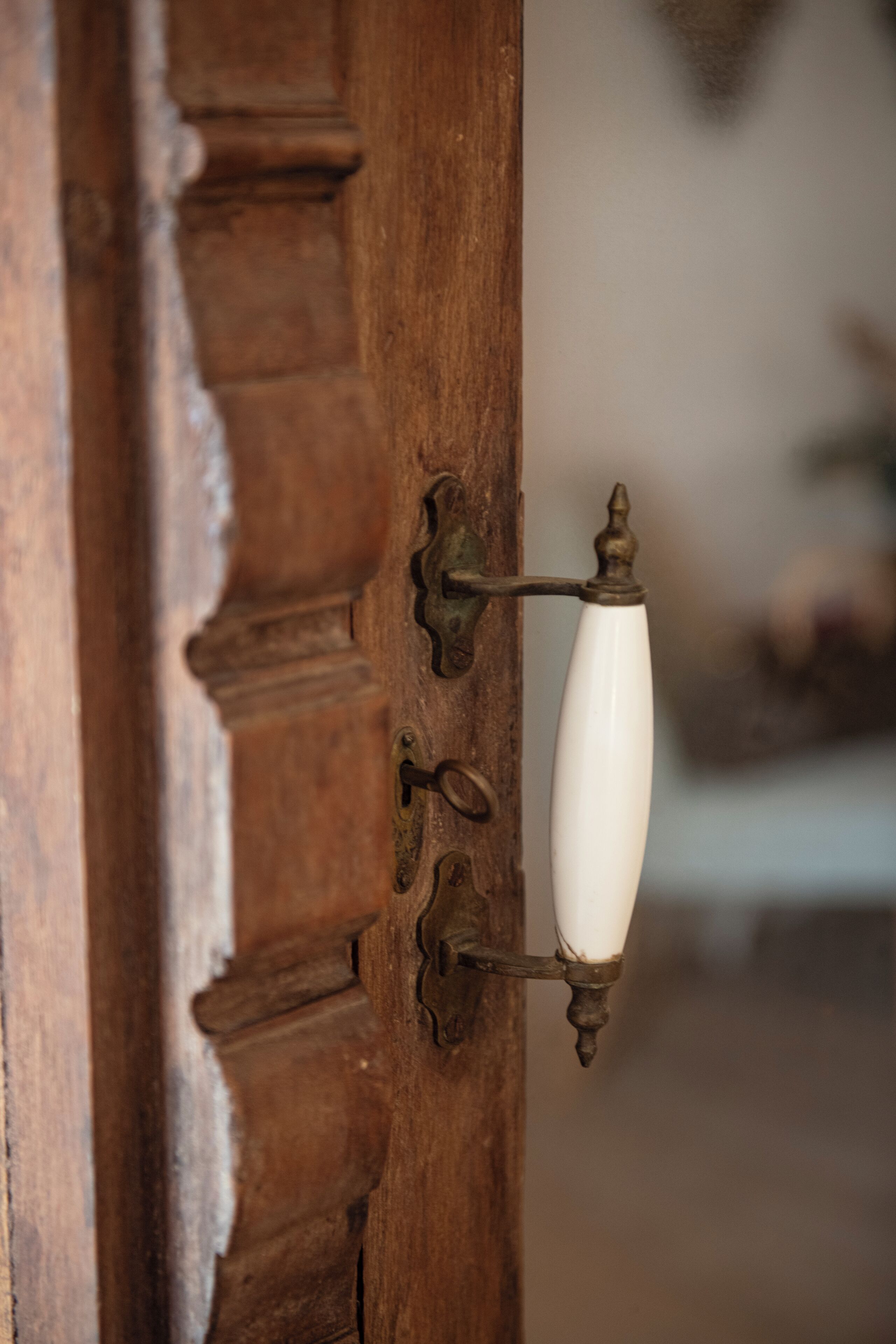 A wooden door with a brass handle and a white ceramic knob.