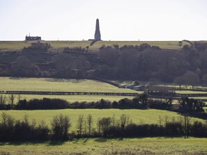 Ländliche Landschaft mit einem markanten Obelisken, einem kleinen Haus und einer Brücke.