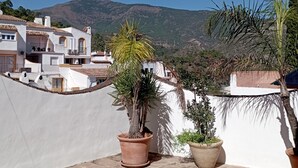 A rooftop terrace with terracotta tiles, potted plants, and a view of a mountain range. - Village house in Benahavis - right in the centre of the village (Benahavís)