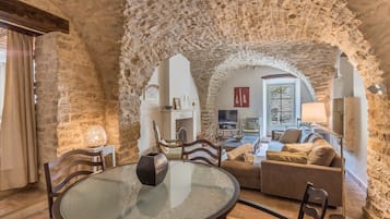 Télévision, cheminée, livres