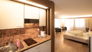 A modern hotel room with a kitchen area, a bed, a seating area, and a TV. - Casa Viva (Bad Ragaz)