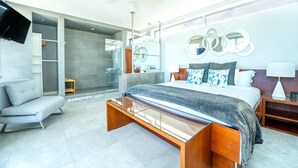 A modern bedroom with a large bed, a sofa, a walk-in closet, and a bathroom. - Vacation Villa Oceanview Hotel Amenities (Providenciales)