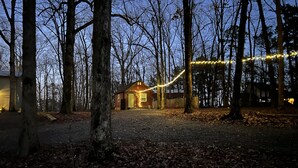 A cabin surrounded by trees with string lights.