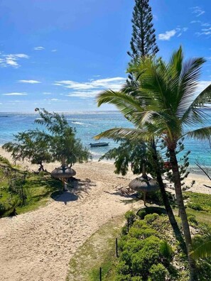 A beach with a clear view of the ocean, a boat, and palm trees.