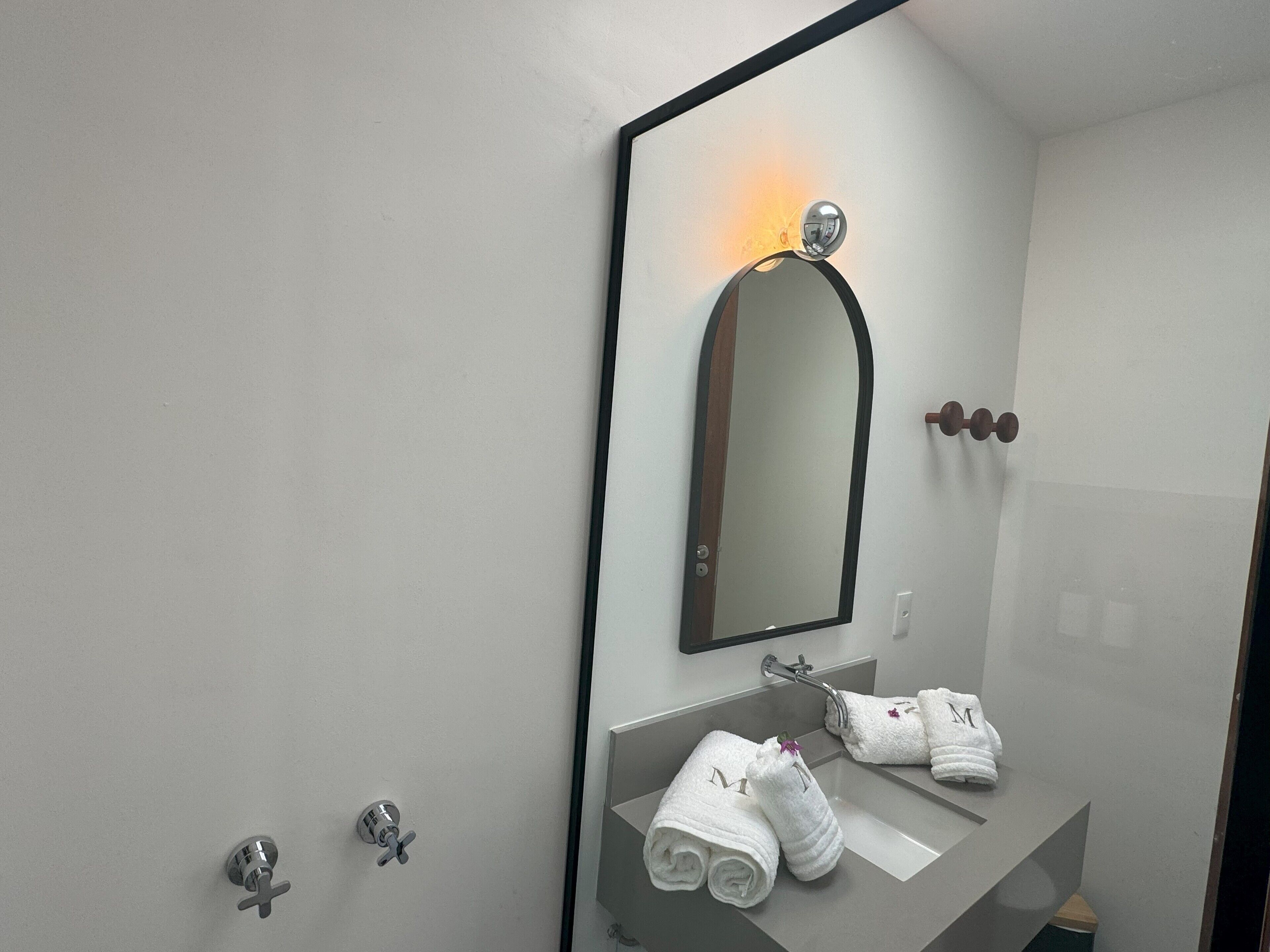Een badkamer met een grote spiegel, een wastafel en twee handdoekrekken.