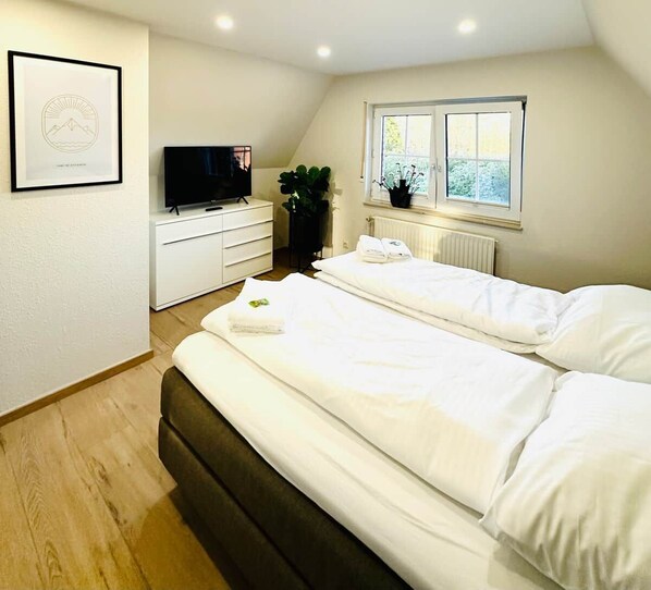 A bedroom with two beds, a TV, a dresser, a radiator, and a window.