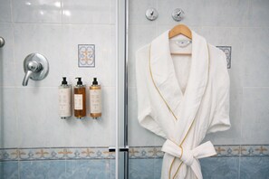 Shower, hydromassage showerhead, free toiletries, hair dryer