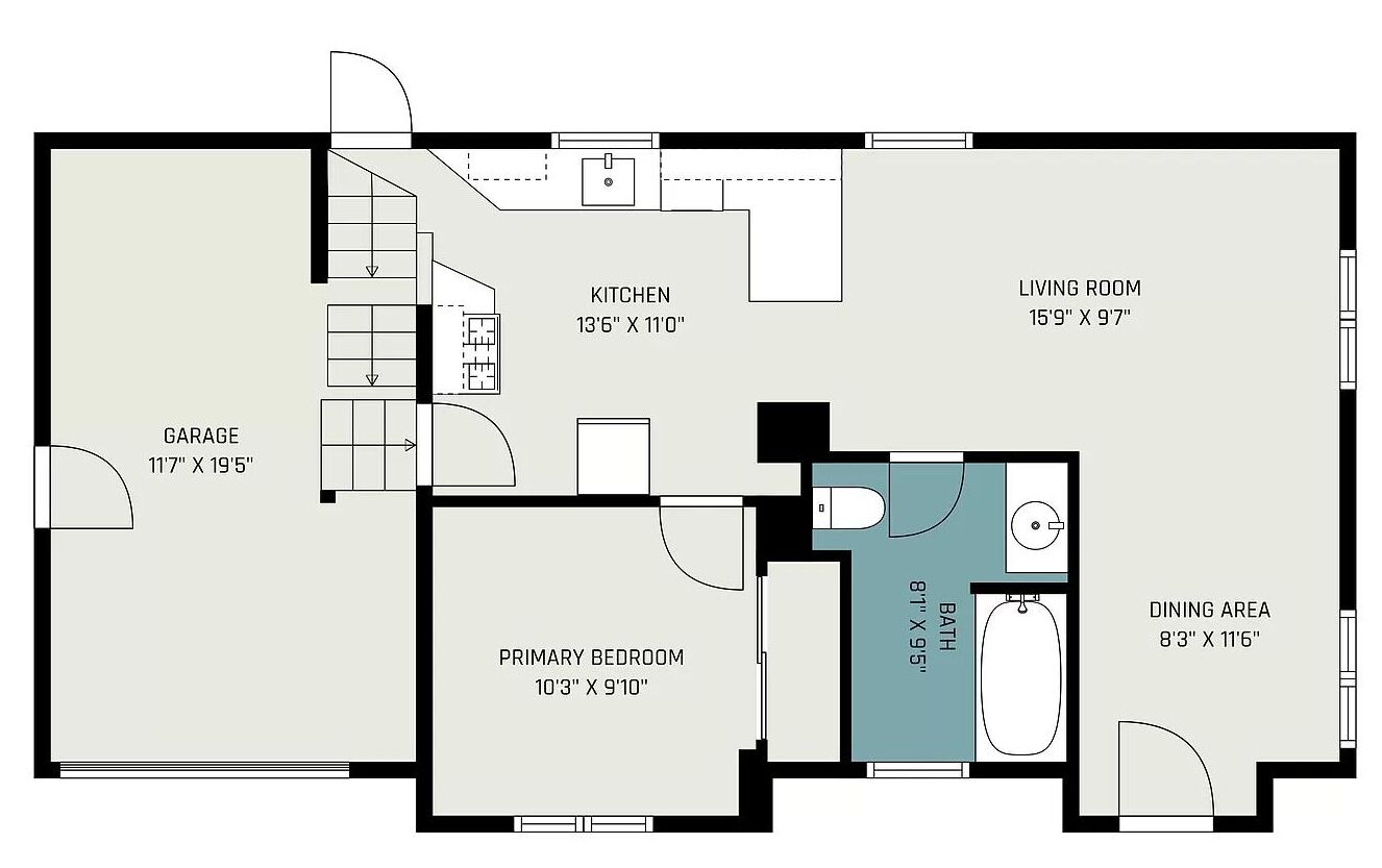 Un plan d’étage comprenant un salon, une cuisine, un coin repas, une salle de bain, une chambre principale et un garage.