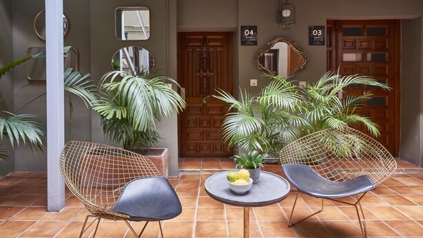A room with two wireframe chairs, a small round table with a bowl of fruit, and several potted plants. - BeBarceloner Gothic Quarter Studios (Barcelona)