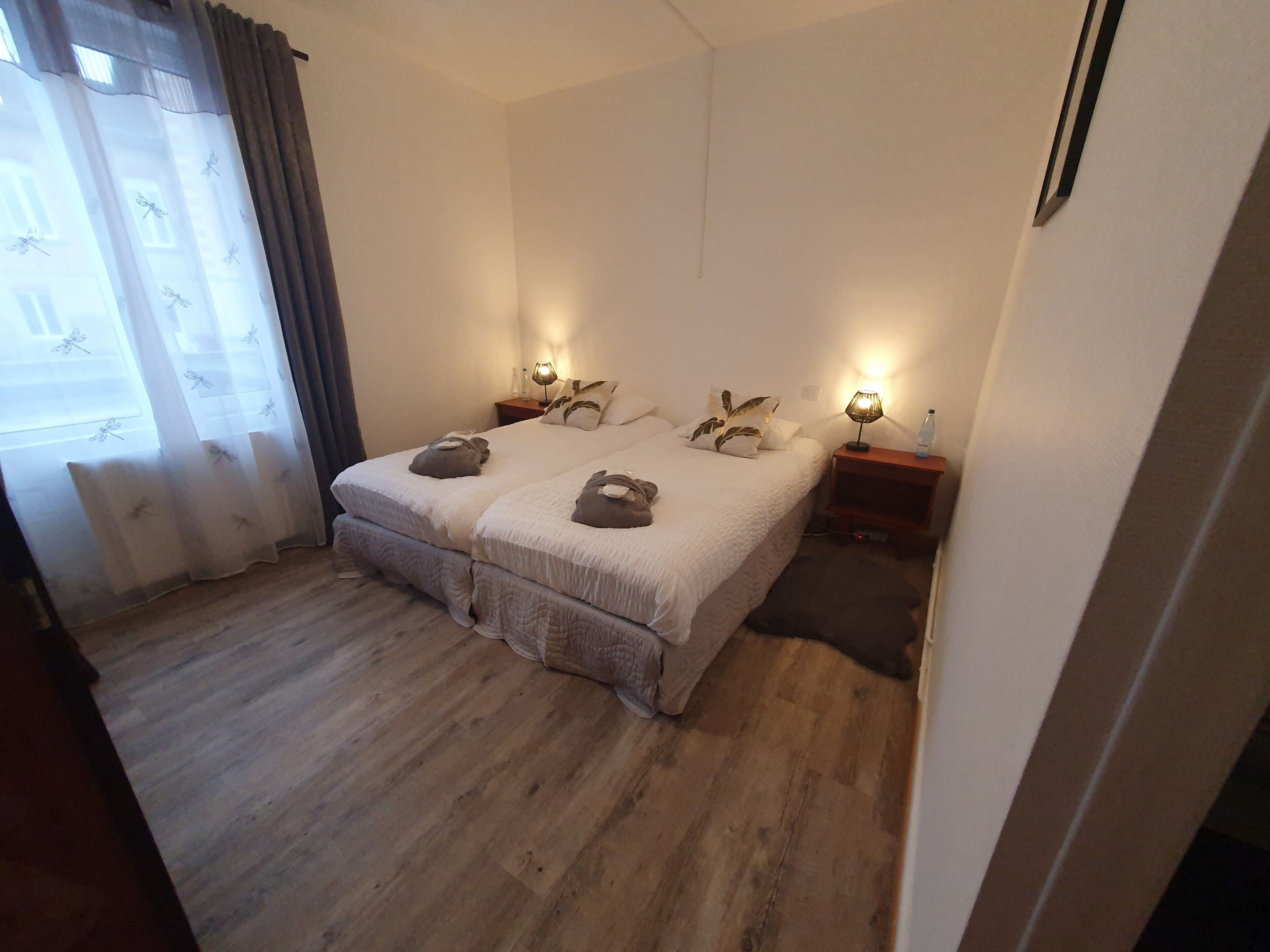 A double bed with a white duvet, two pillows, and a bedside table with a lamp.