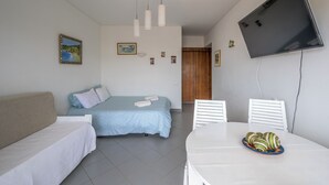 Une chambre avec un lit, un canapé, une table à manger et un téléviseur.