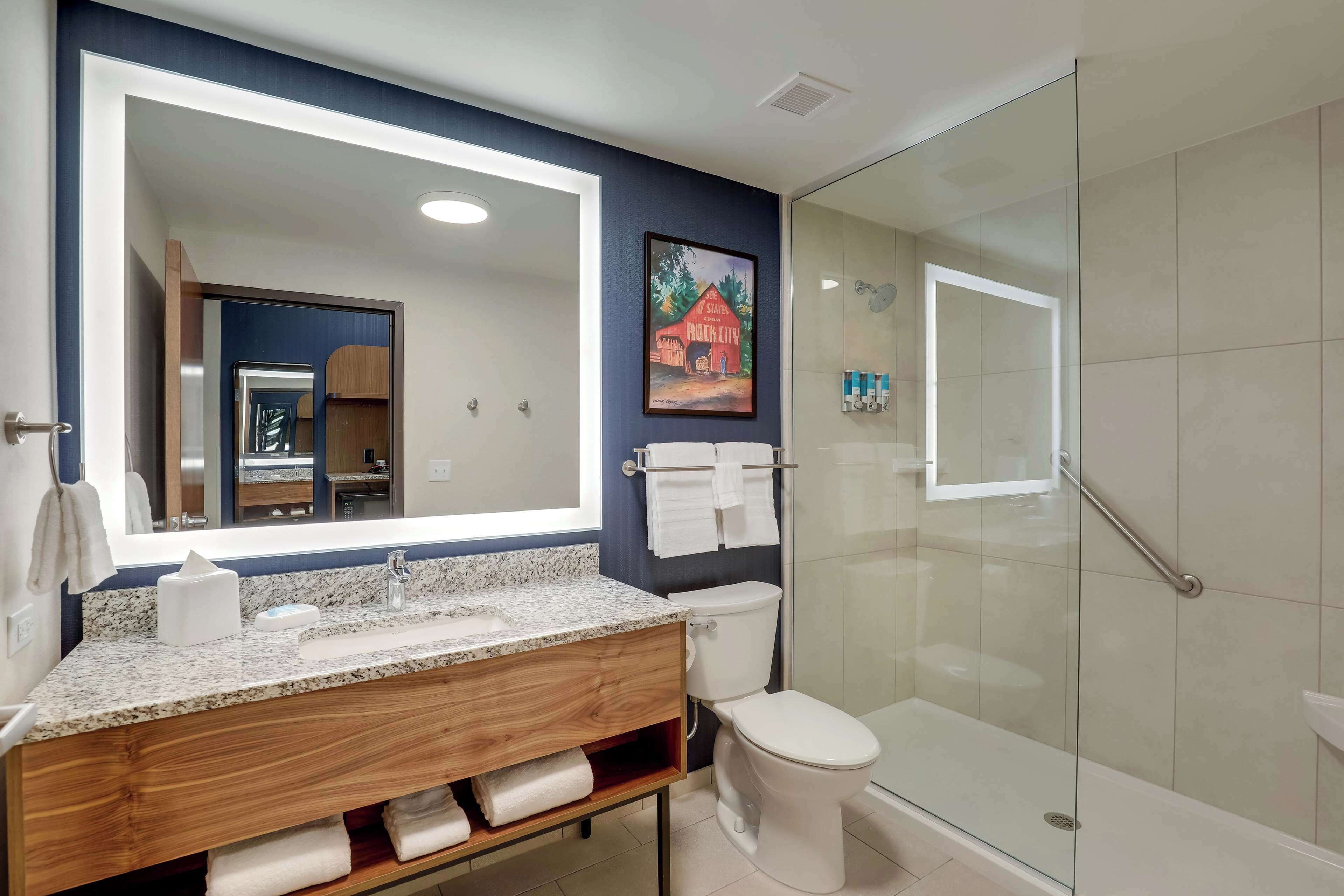 A modern bathroom with a large mirror, granite countertop, wooden vanity, white toilet, and a glass-enclosed shower.
