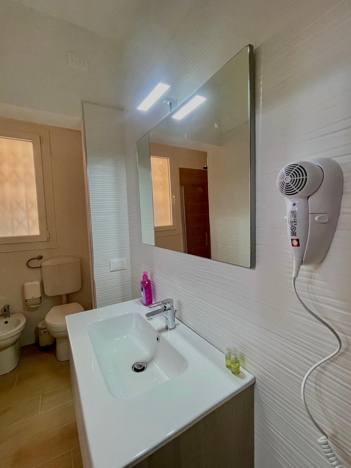 Een badkamer met een witte wastafel, een spiegel, een haardroger en een toilet.