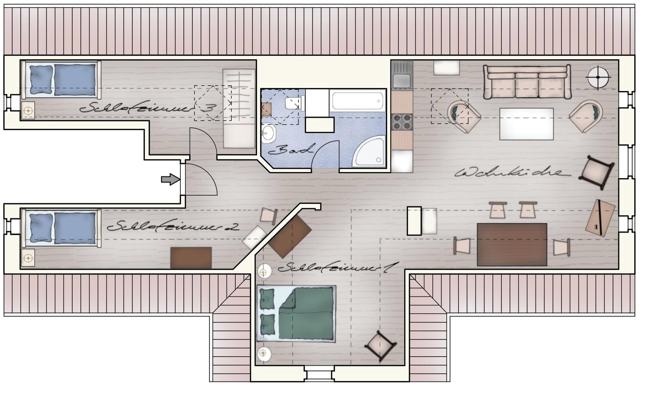 Planta de um hotel com três quartos, um banheiro, cozinha, sala de estar e varanda.