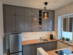 Frigorífico, microondas, horno y placa de cocina