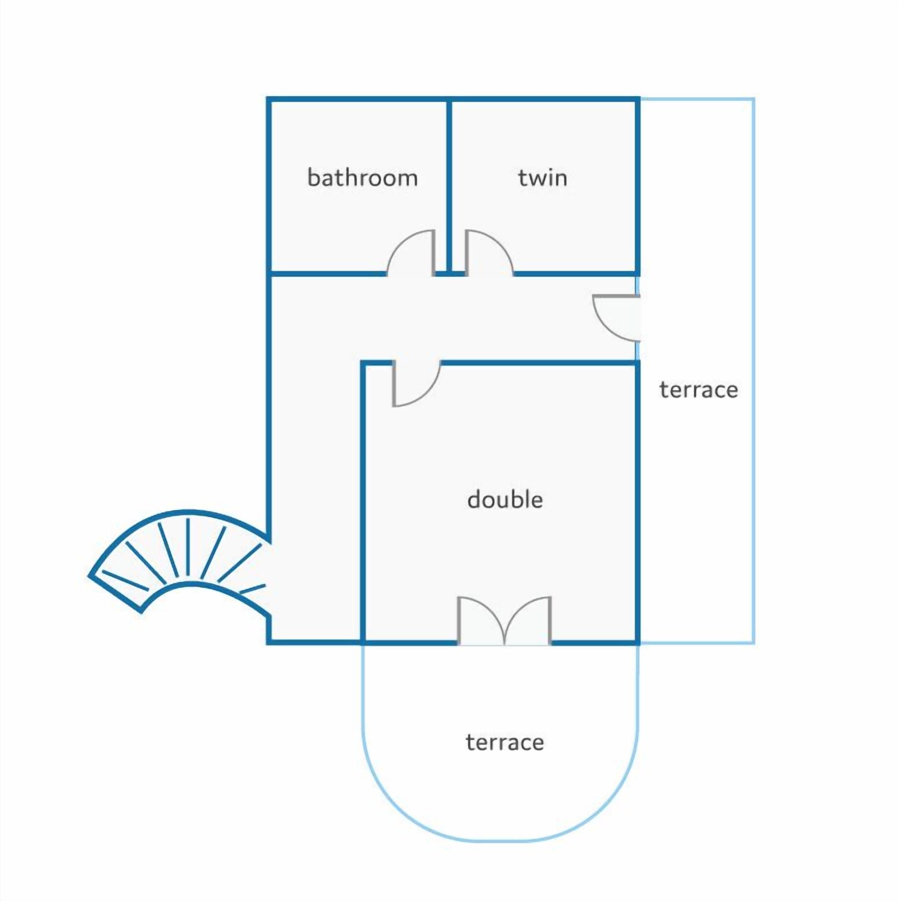A floor plan with a bathroom, twin room, terrace, and double room.