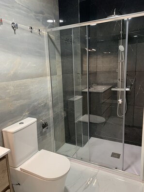 Chuveiro, toalhas de banho, sabonete, papel higiênico