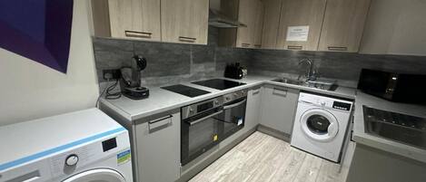 Fridge, microwave, stovetop, electric kettle