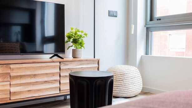 A modern living room with a flat-screen TV on a wooden cabinet, a potted plant, a round woven ottoman, and a large window. - RUAH Q - Quiet Flat by LovelyStay (Vila Nova de Gaia)