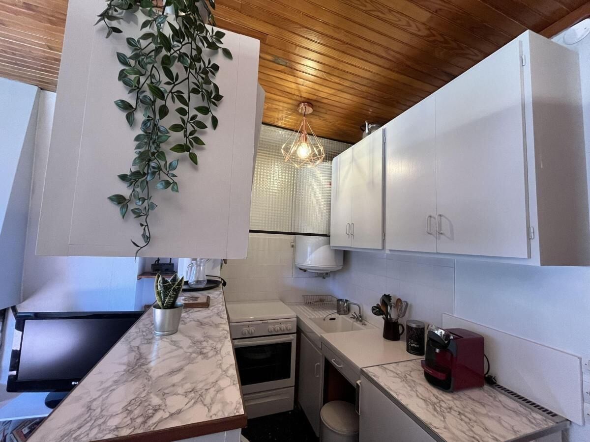 A kitchen with white cabinets, a marble countertop, a stove, a sink, and a hanging plant.