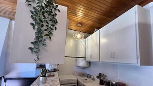 A kitchen with white cabinets, a marble countertop, a stove, a sink, and a hanging plant. - 200 meters from the ski slopes, 3rd floor, balcony, TV, ski locker, 50 m², Pra Loup (Uvernet-Fours)
