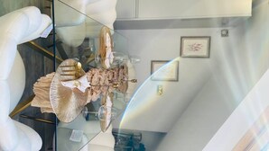 Ein stilvoller Essbereich mit einem Glastisch, weißen Polsterstühlen und einem dekorativen Mittelstück.