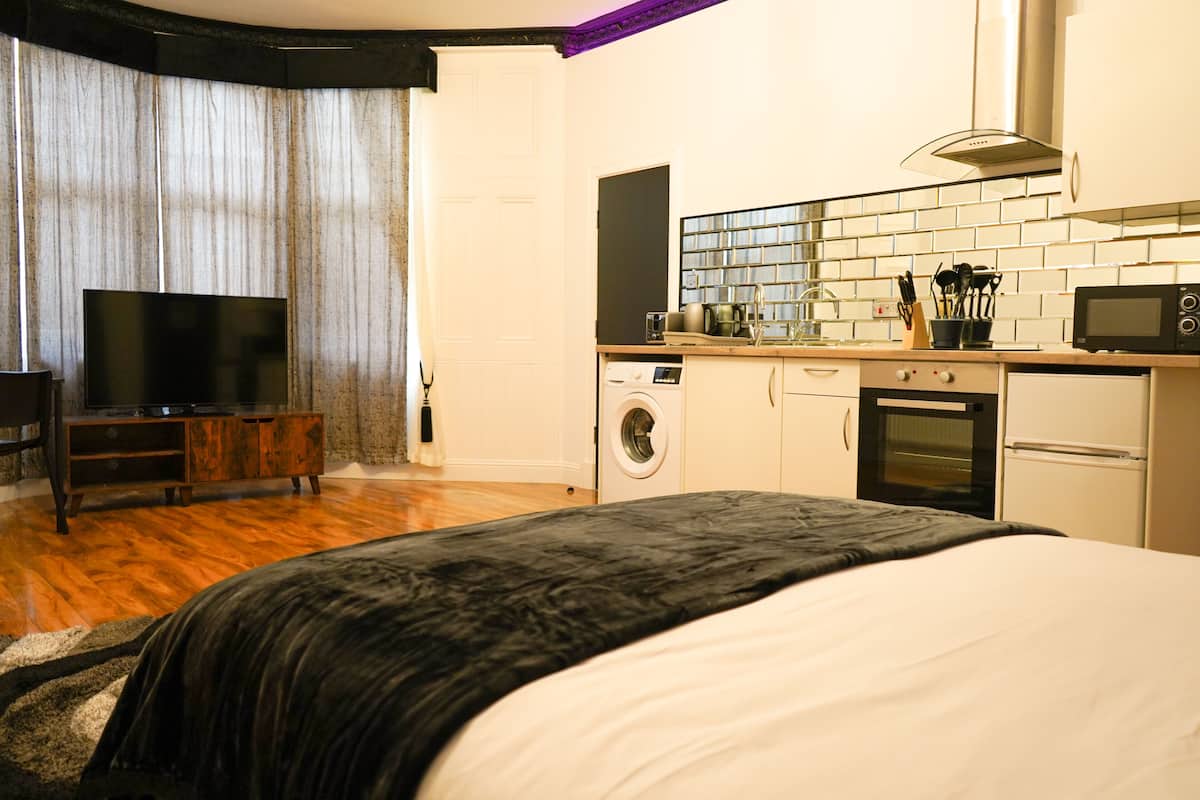 Un dormitorio con una cama grande, televisión, lavadora y kitchenette con microondas.
