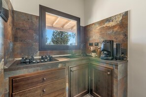 Fridge, microwave, stovetop, coffee/tea maker