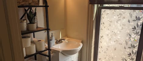 Hair dryer, towels, soap, toilet paper