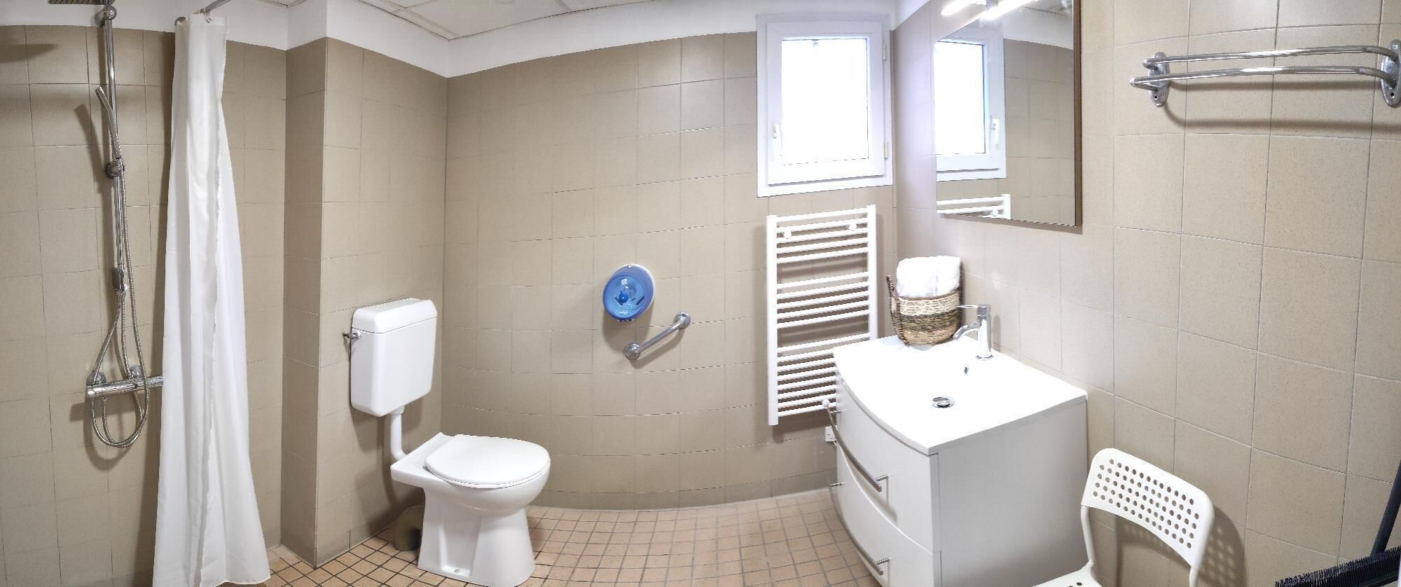 A bathroom with a toilet, shower, sink, and a mirror.