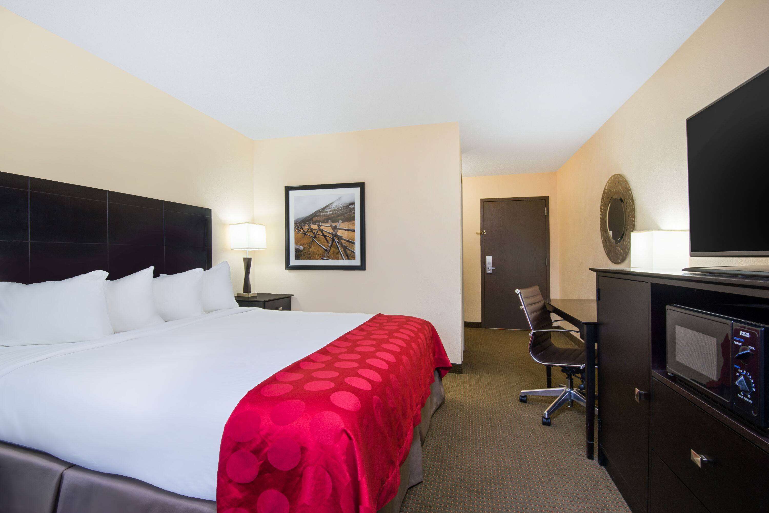 A hotel room with a large bed, a desk with a chair, a television, and a framed picture on the wall.
