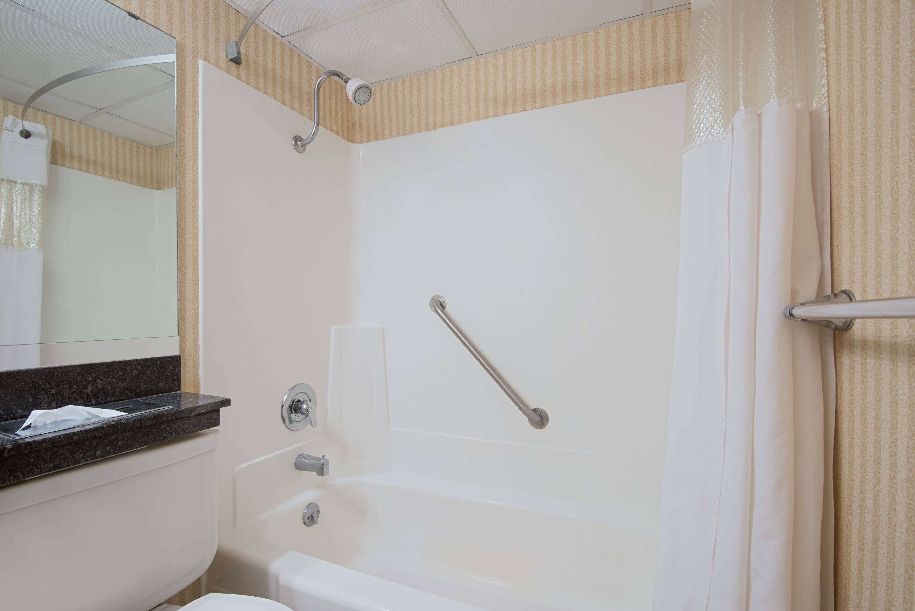 Un baño con bañera, inodoro y espejo.