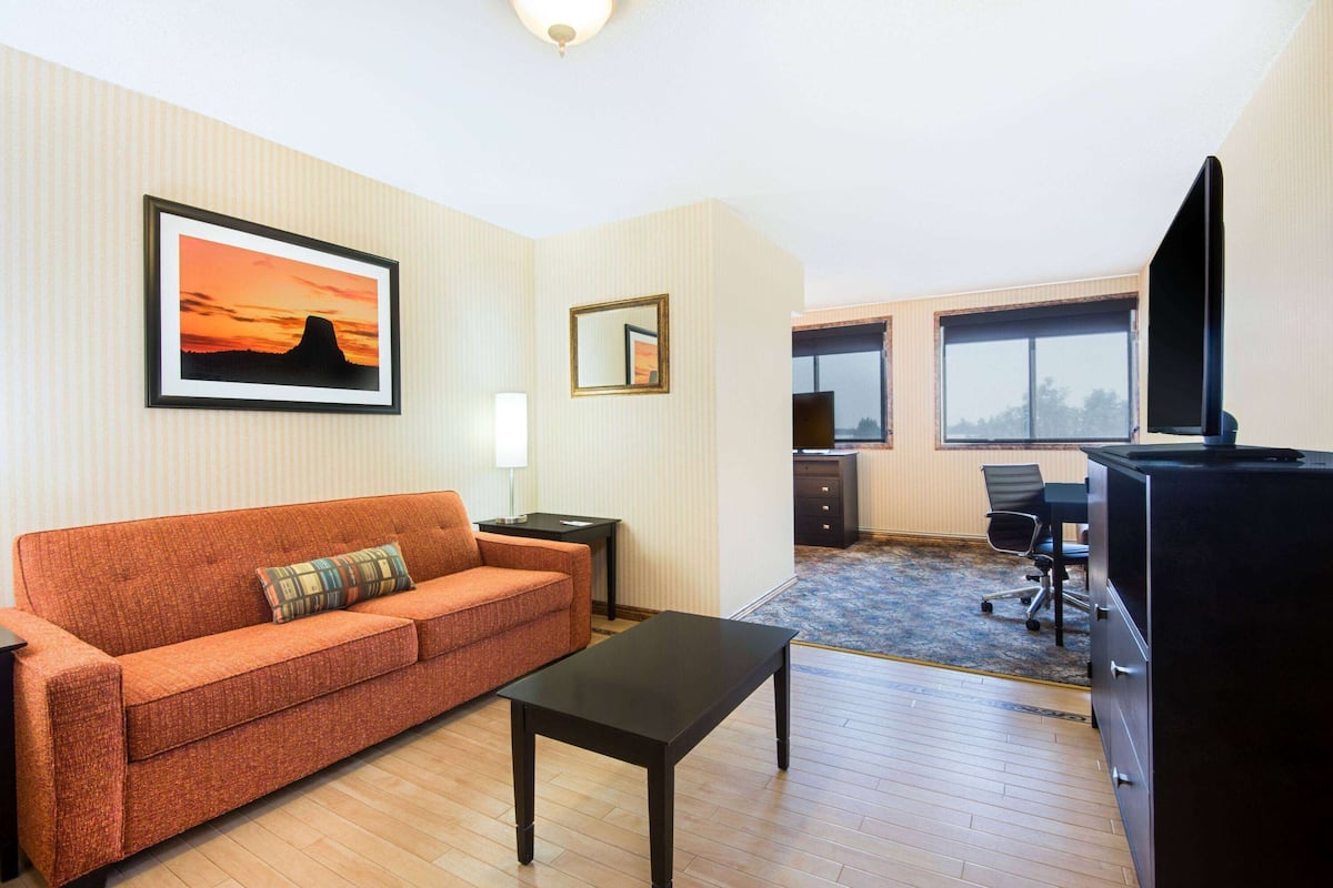 A hotel room with a sofa, a small table, a TV, a desk with a chair, and a window with a view.