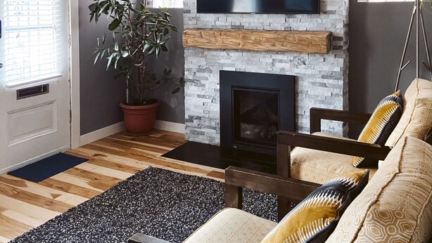 A modern living room with a stone fireplace, a flat-screen TV, a ceiling fan, and a large potted plant.