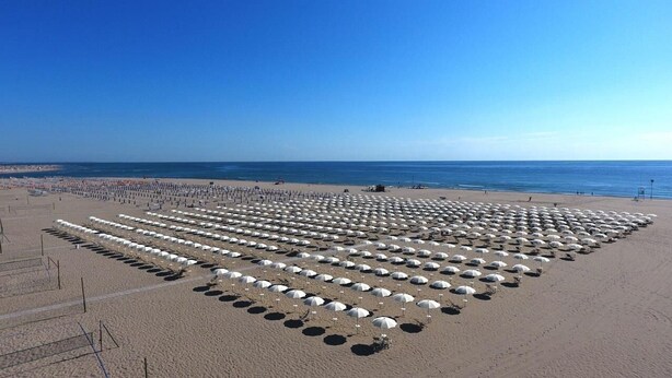 Une plage bordée de rangées de parasols blancs et de chaises longues.