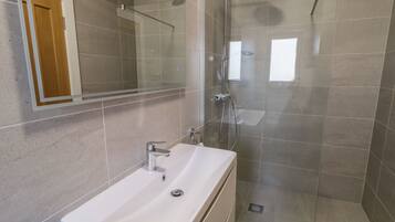 A modern bathroom with a glass shower enclosure, a white sink, and a mirror.