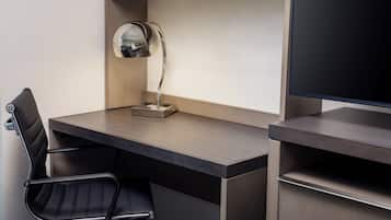 In-room safe, desk, laptop workspace, blackout drapes