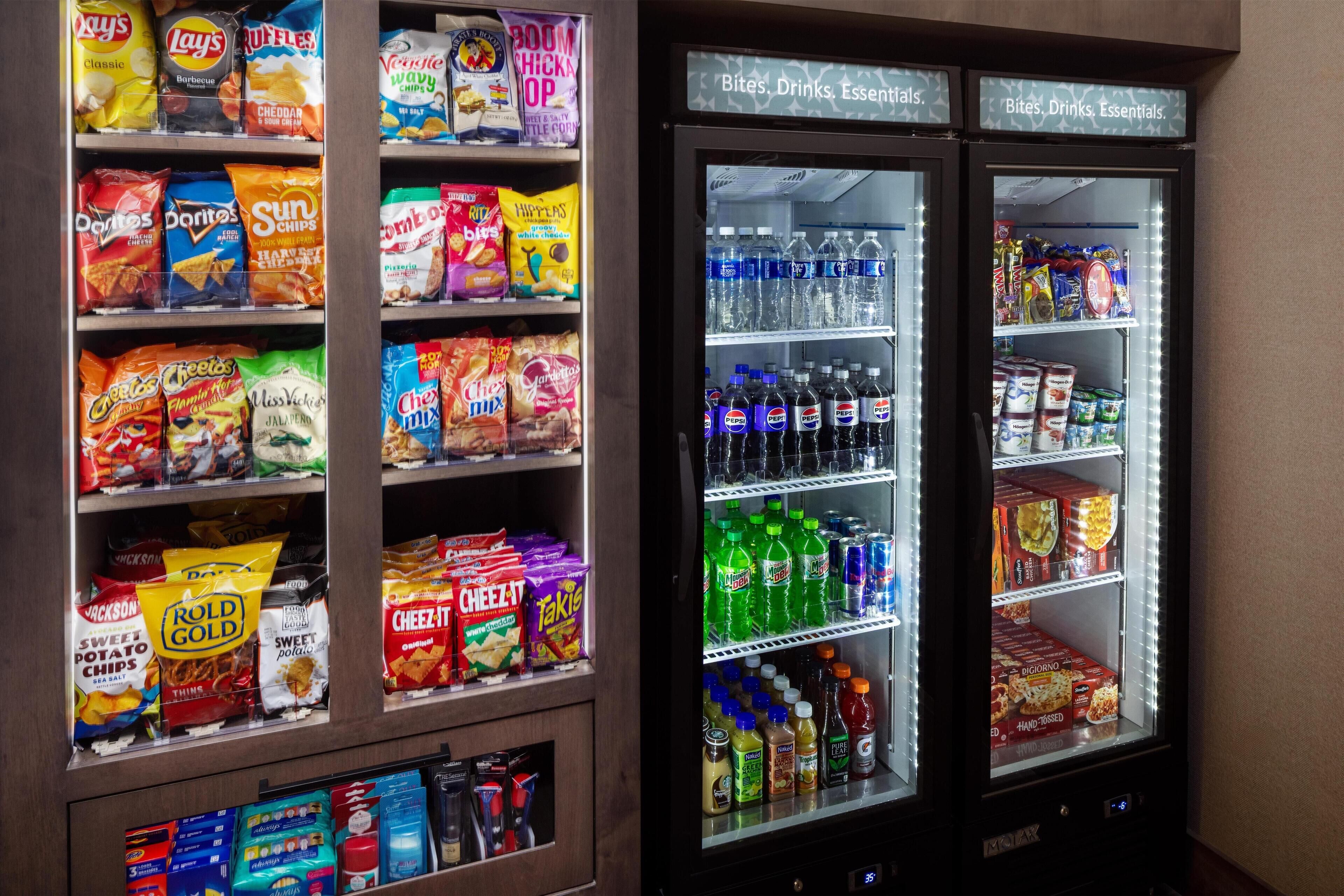 A vending machine stocked with snacks and drinks.