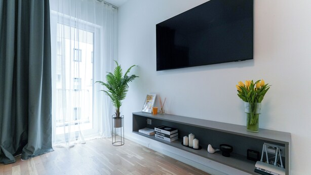 Ein modernes Wohnzimmer mit einem großen Flachbildfernseher an der Wand, darunter eine graue Regaleinheit und links eine Topfpflanze.