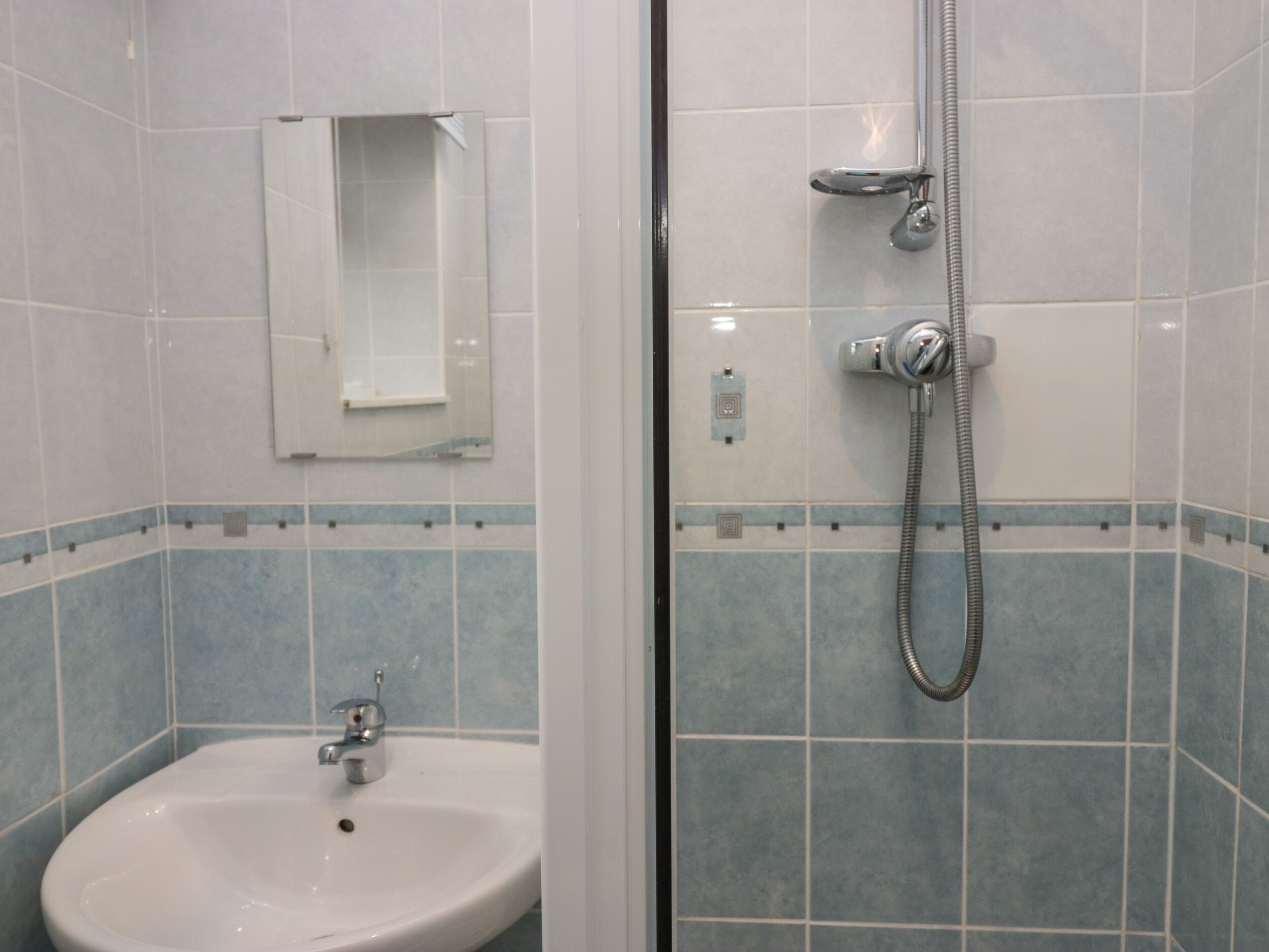 Een badkamer met een wastafel, spiegel en douche met een doucheslang.
