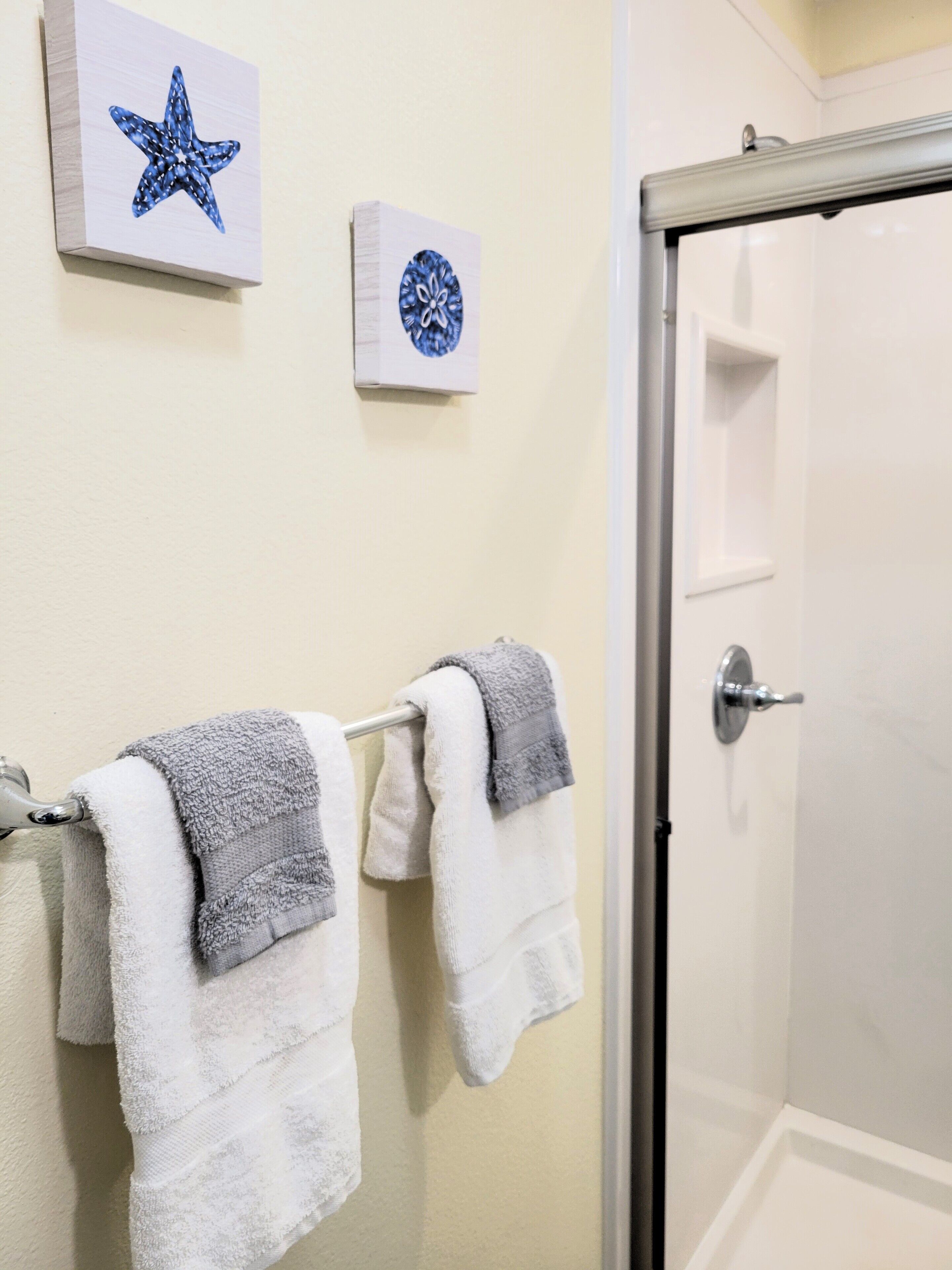 Shower, towels, soap, shampoo