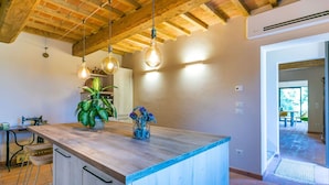 Une cuisine avec un îlot central en bois, des luminaires suspendus et une plante en pot.