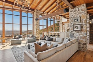 Smart TV, fireplace, books, offices