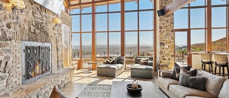 Smart TV, fireplace, books, offices