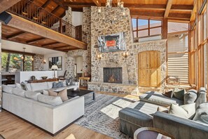 Smart TV, fireplace, books, offices